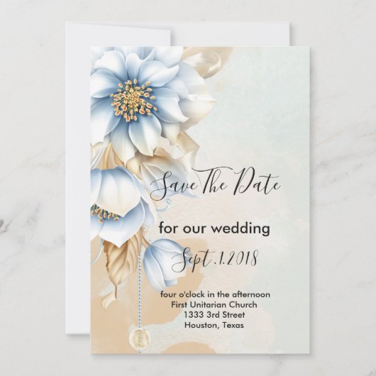 Blauw Bloemen Bewaar de datum Kaart (Voorkant)