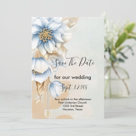  Blauw Bloemen Bewaar de datum Kaart (Staand voorkant)