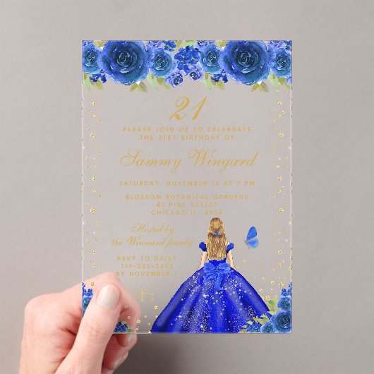 Blauw Bloemen Blond Haar Prinses Verjaardagsfeest Acryl Uitnodigingen (Insitu (Draagbaar))