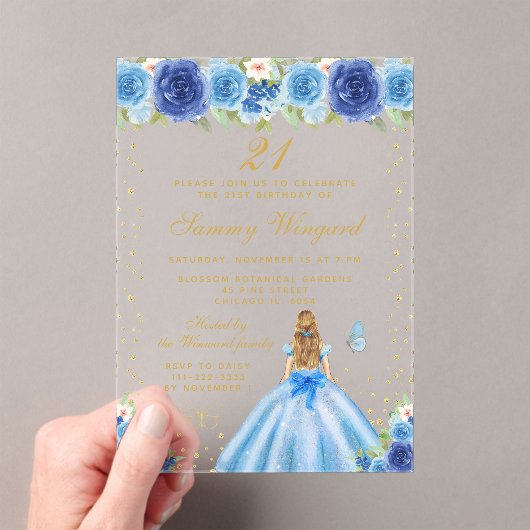 Blauw Bloemen Blond Haar Prinses Verjaardagsfeest Acryl Uitnodigingen (Insitu (Draagbaar))