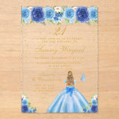 Blauw Bloemen Blond Haar Prinses Verjaardagsfeest Acryl Uitnodigingen (Voorkant)
