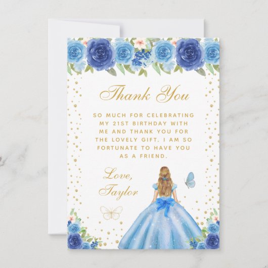 Blauw Bloemen Blond Haar Prinses Verjaardagsfeest Bedankkaart (Voorkant)