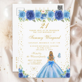 Blauw Bloemen Blond Haar Prinses Verjaardagsfeest Briefkaart