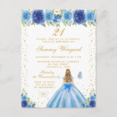 Blauw Bloemen Blond Haar Prinses Verjaardagsfeest Briefkaart (Voorkant)