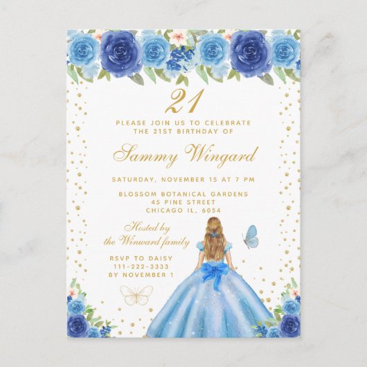 Blauw Bloemen Blond Haar Prinses Verjaardagsfeest Briefkaart (Voorkant)