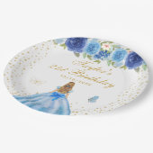 Blauw Bloemen Blond Haar Prinses Verjaardagsfeest Papieren Bordje (Gekanteld)