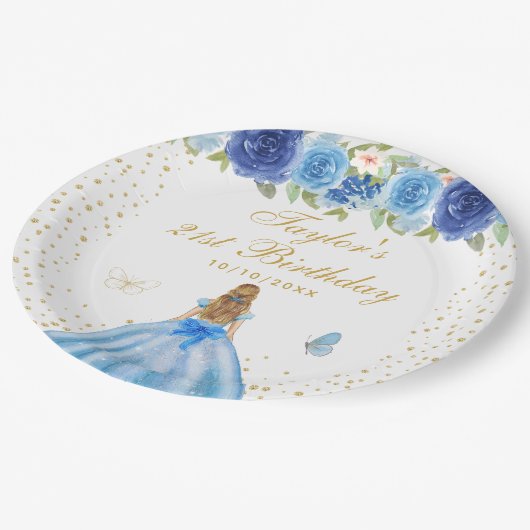 Blauw Bloemen Blond Haar Prinses Verjaardagsfeest Papieren Bordje (Gekanteld)