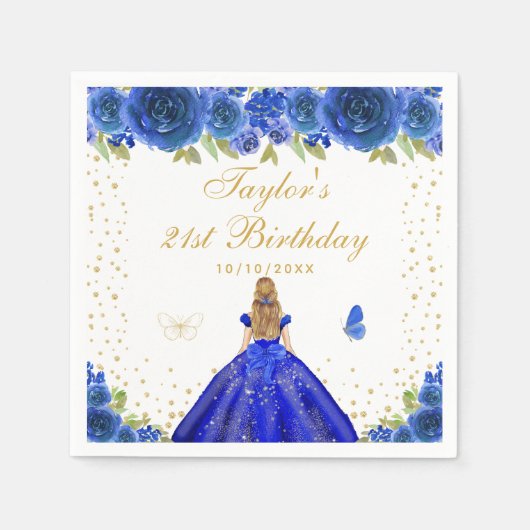 Blauw Bloemen Blond Haar Prinses Verjaardagsfeest Servet (Voorkant)