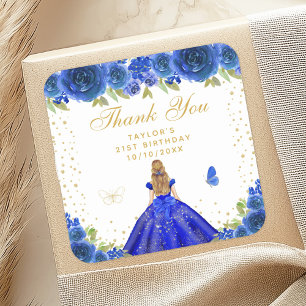 Blauw Bloemen Blond Haar Prinses Verjaardagsfeest Vierkante Sticker