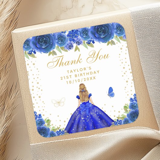 Blauw Bloemen Blond Haar Prinses Verjaardagsfeest Vierkante Sticker