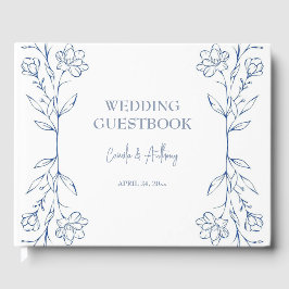 Blauw Bloemen Boho Side Border Bruiloft Gastenboek