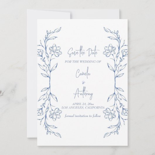 Blauw Bloemen Boho Side Border Bruiloft Kaart (Voorkant)