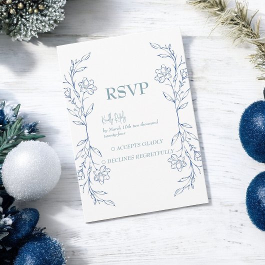 Blauw Bloemen Boho Side Border Bruiloft RSVP Kaartje