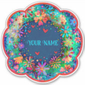 Blauw Bloemen Boho Trendy Naam Inspirivity Sticker (Voorkant)