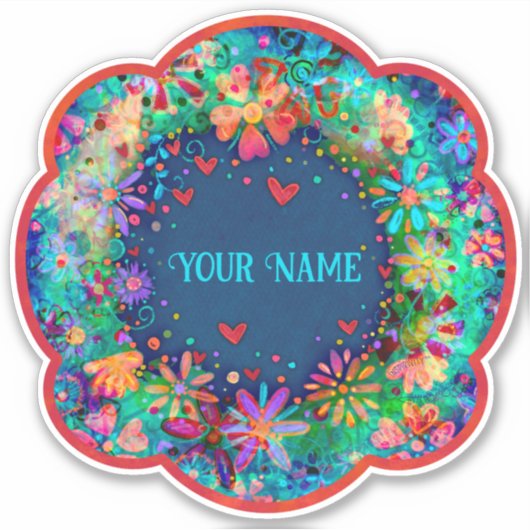 Blauw Bloemen Boho Trendy Naam Inspirivity Sticker (Voorkant)