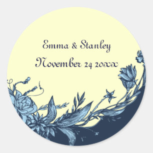  blauw bloemen bord geel bloemenbruiloft ronde sticker