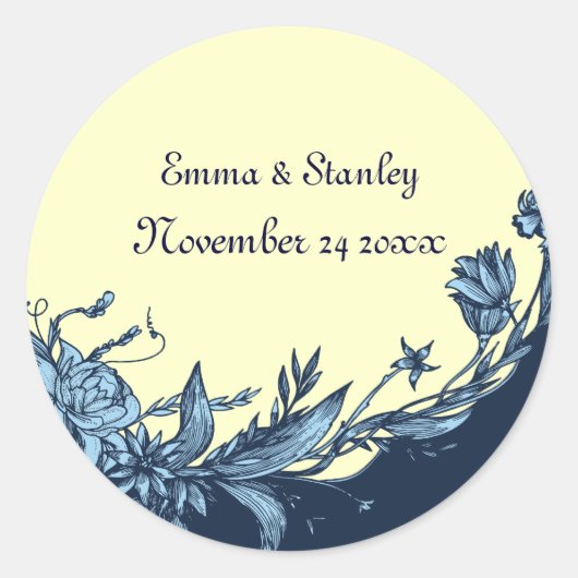 blauw bloemen bord geel bloemenbruiloft ronde sticker (Voorkant)