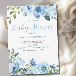 Blauw Bloemen Botanisch Baby shower Kaart
