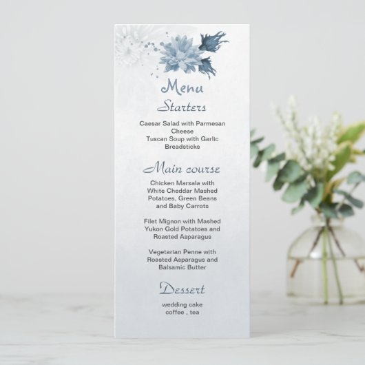 blauw bloemen botanische bruiloft menu (Staand voorkant)