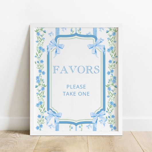 Blauw Bloemen & Bow  Baby shower Favorieten Poster