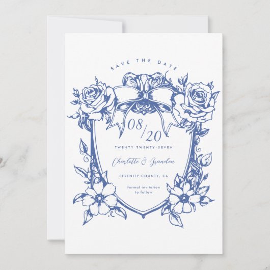 Blauw Bloemen Bow Crest Save The Date Kaart (Voorkant)