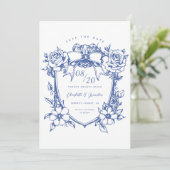  Blauw Bloemen Bow Crest Save The Date Kaart (Staand voorkant)
