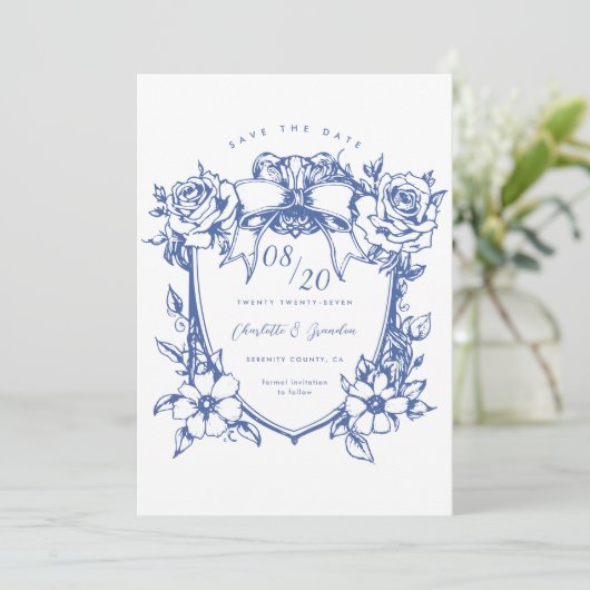  Blauw Bloemen Bow Crest Save The Date Kaart (Staand voorkant)