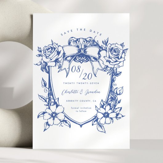  Blauw Bloemen Bow Crest Save The Date Kaart
