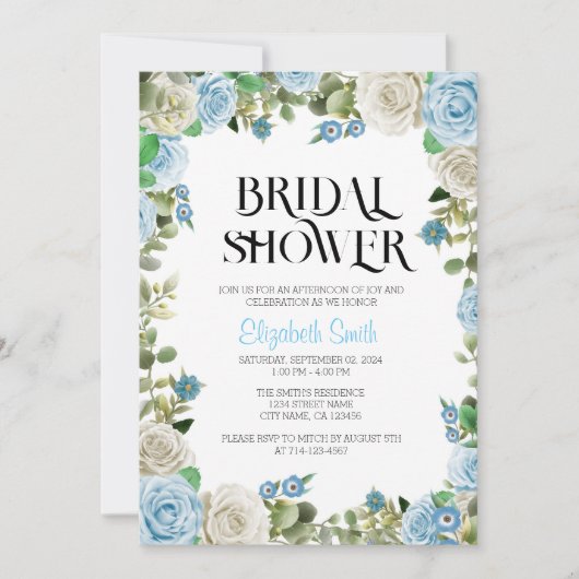 Blauw Bloemen Bruids Douche Uitnodiging Sjabloon (Voorkant)