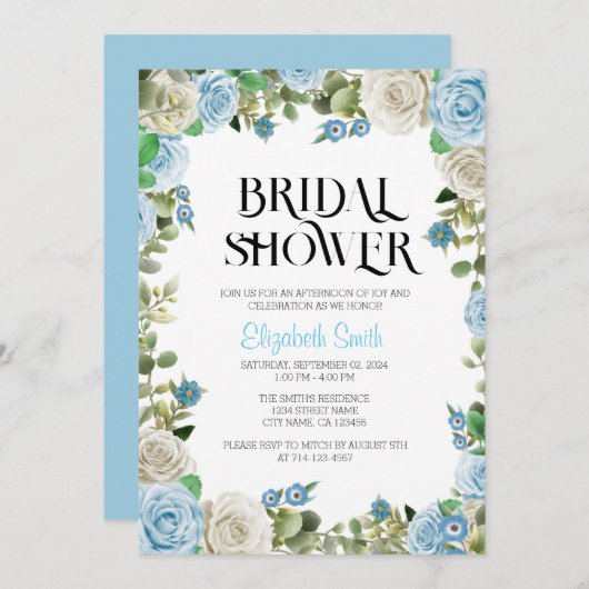 Blauw Bloemen Bruids Douche Uitnodiging Sjabloon (Voorkant / Achterkant)
