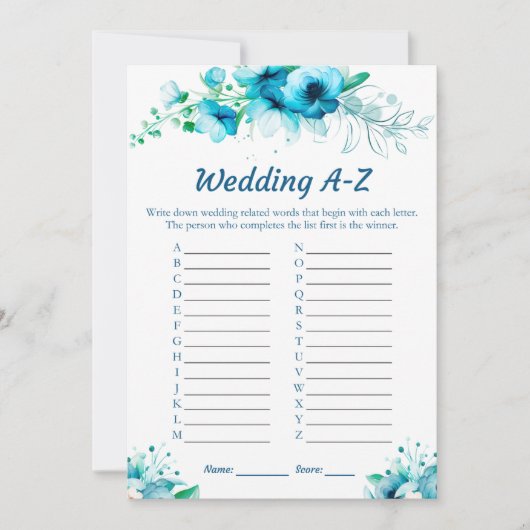 Blauw Bloemen Bruiloft A-Z Vrijgezellenfeest Spel Kaart (Voorkant)