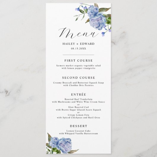 Blauw Bloemen Bruiloft Diner Menu (Voorkant)