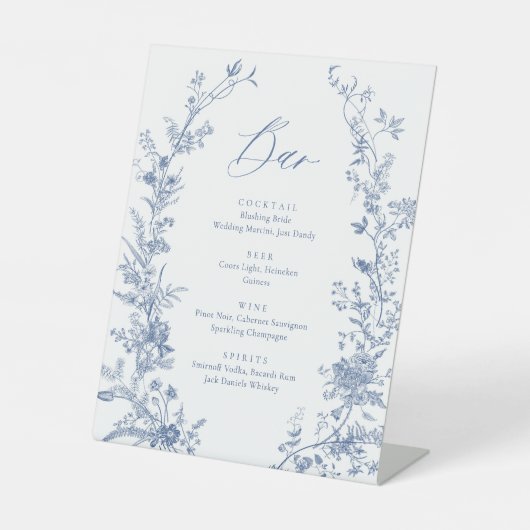 Blauw Bloemen Bruiloft Drink Bar Menu Reclamebord Met Voetstuk (Voorkant)
