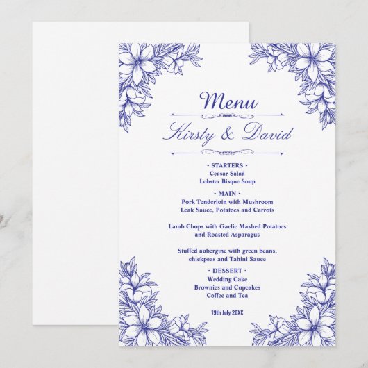 Blauw  Bloemen Bruiloft Menu (Voorkant / Achterkant)