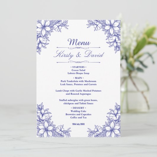 Blauw Bloemen Bruiloft Menu (Staand voorkant)