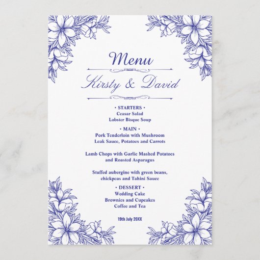 Blauw  Bloemen Bruiloft Menu (Voorkant)