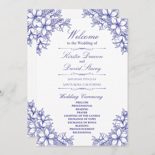Blauw Bloemen Bruiloft Programmakaart (Voorkant / Achterkant)