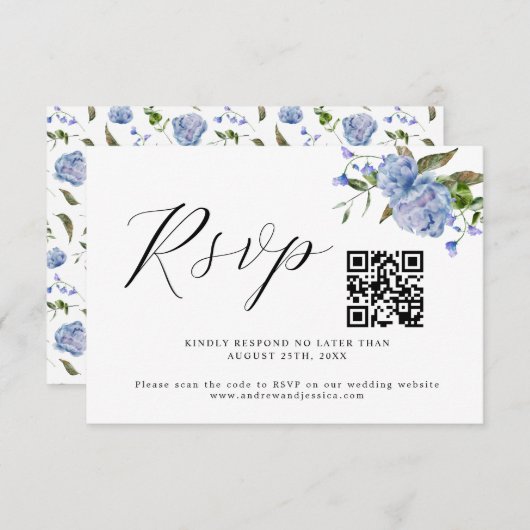 Blauw Bloemen Bruiloft QR Code RSVP-kaart RSVP Kaartje (Voorkant / Achterkant)