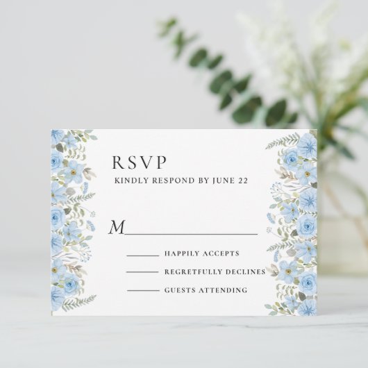  Blauw Bloemen Bruiloft RSVP Kaart (Staand voorkant)