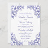 Blauw  Bloemen Bruiloft Uitnodiging (Voorkant)