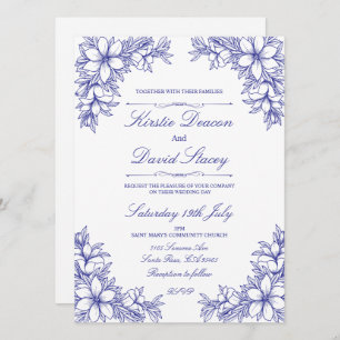 Blauw  Bloemen Bruiloft Uitnodiging