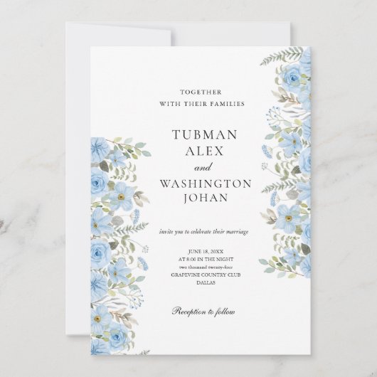  Blauw Bloemen Bruiloft Uitnodiging (Voorkant)