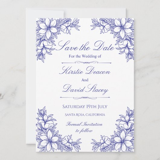 Blauw  Bloemen Bruiloft Uitnodiging (Voorkant)