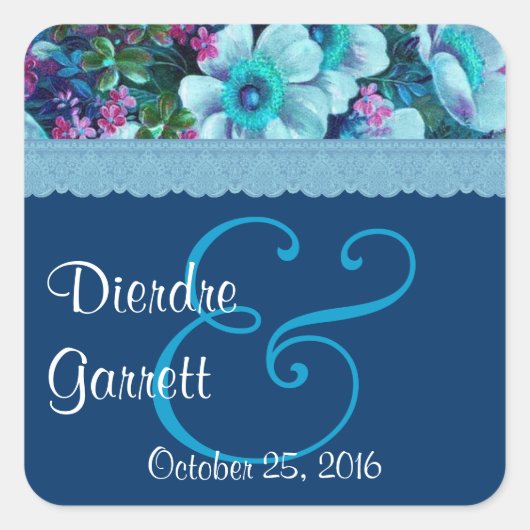 Blauw Bloemen Bruiloft V07 Vierkante Sticker (Voorkant)
