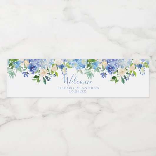 Blauw Bloemen Bruiloft Welkom Water Fles Label Waterfles Etiket (Enkel label)