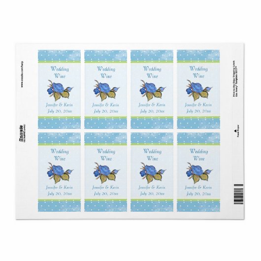 Blauw Bloemen Bruiloft Wijn Label (Full Sheet)