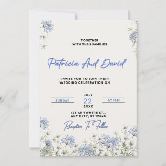 Blauw Bloemen Bruiloftsinvitatietemplate | Elegant Kaart