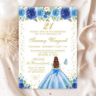 Blauw Bloemen Bruin Haar Prinses Verjaardagsfeest Kaart