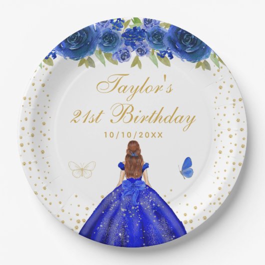 Blauw Bloemen Bruin Haar Prinses Verjaardagsfeest Papieren Bordje (Voorkant)