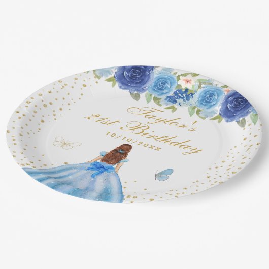 Blauw Bloemen Bruin Haar Prinses Verjaardagsfeest Papieren Bordje (Gekanteld)